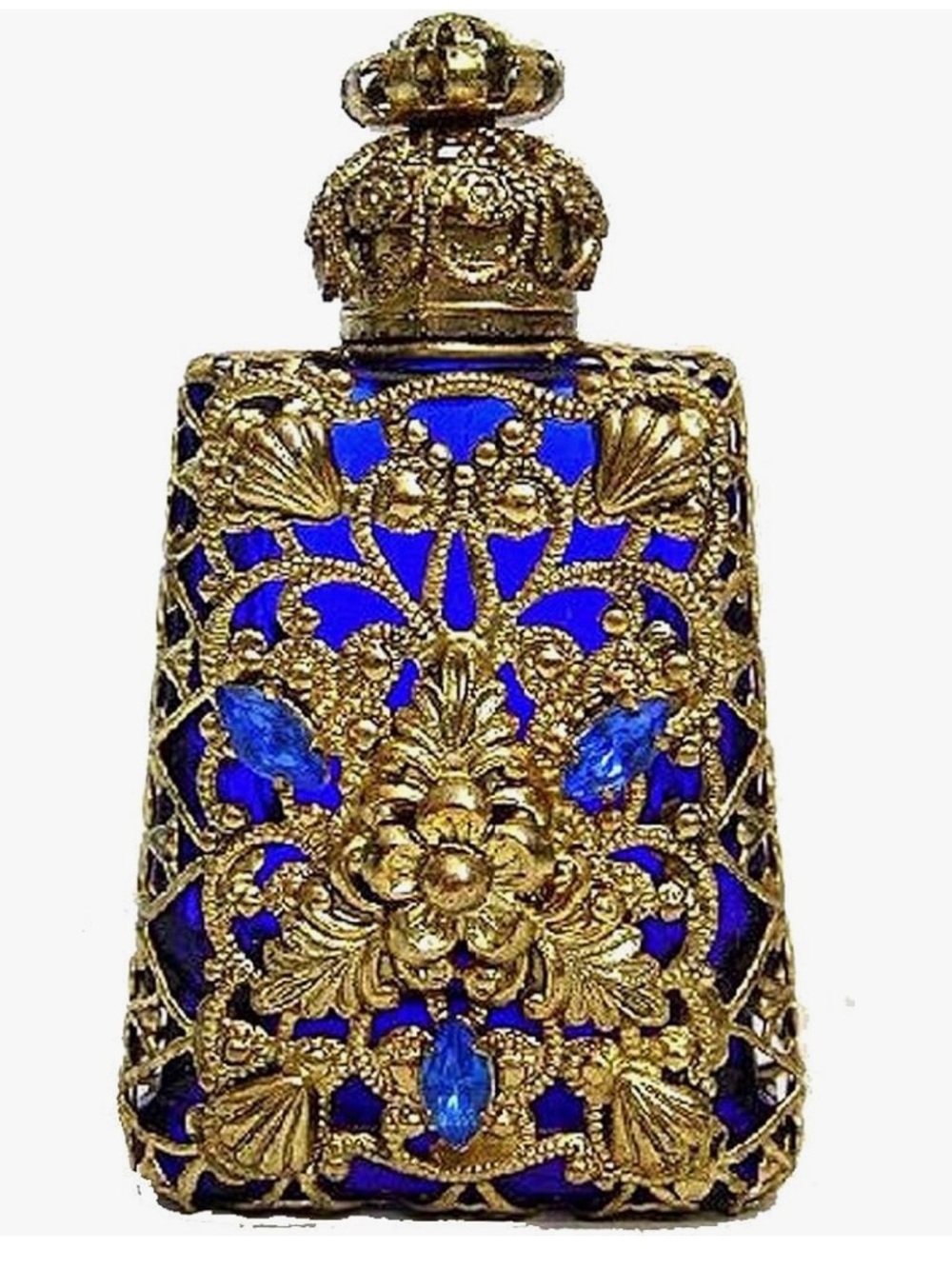 Ornate Gold Filigree Perfume Bottle with Blue Gem Accents